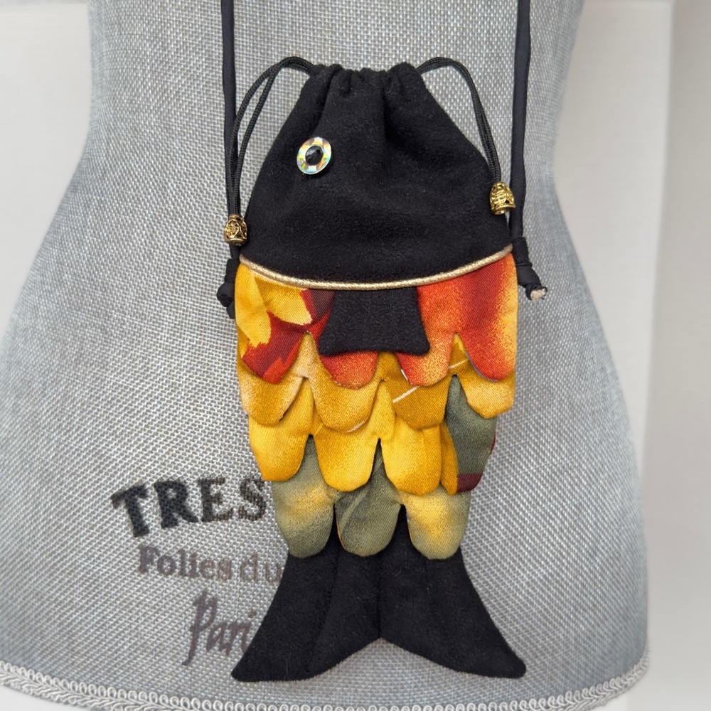 Cathayana Fish Cross Body Bag Black Yellow Orange Green Scales Drawstring Top - Picture 14 of 16